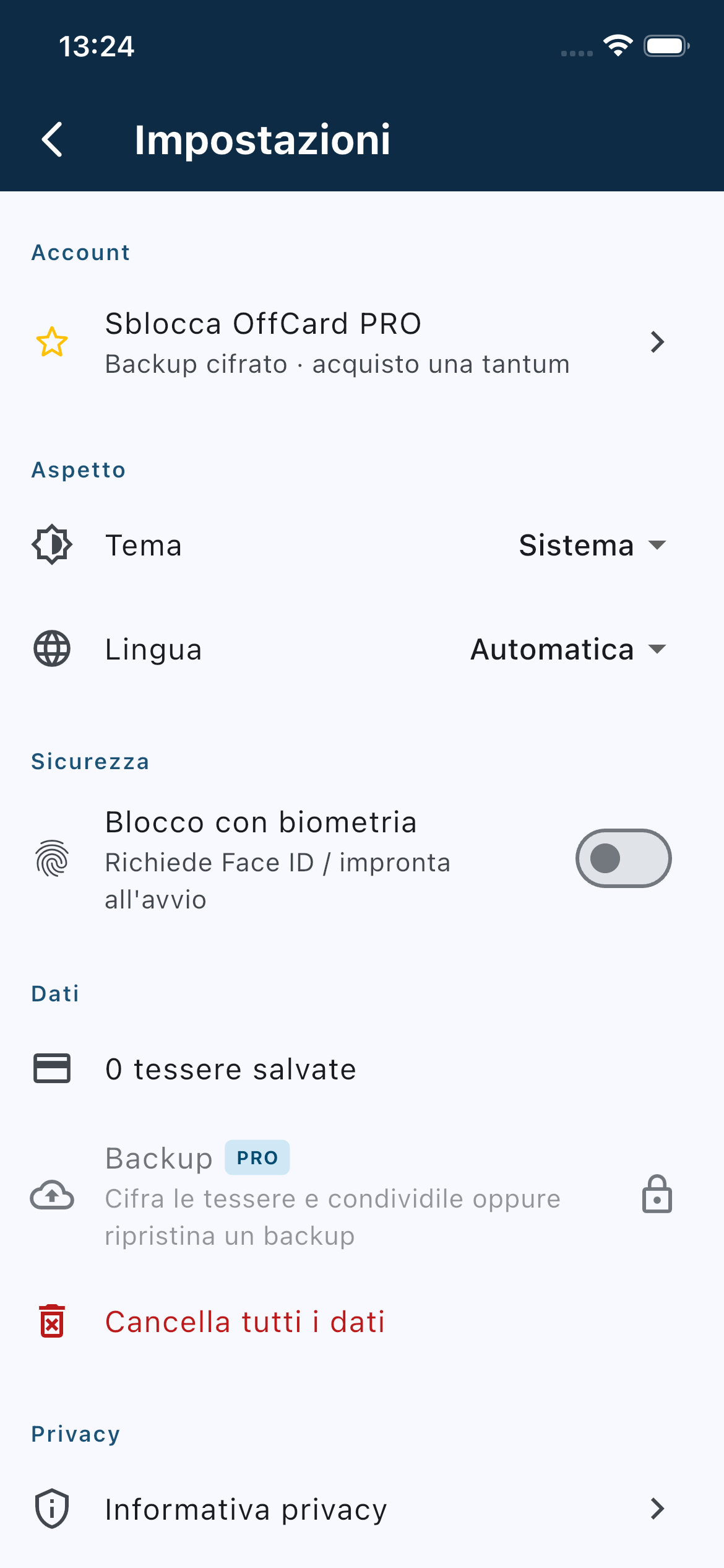 Impostazioni OffCard con backup PRO