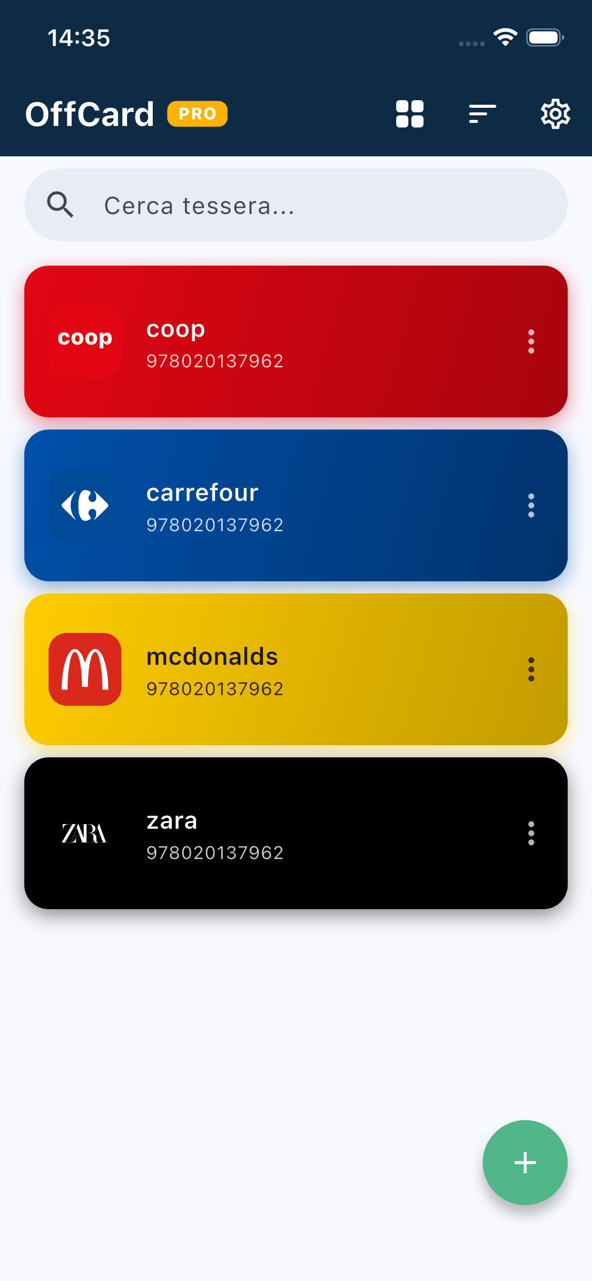 Lista tessere negozi e supermercati